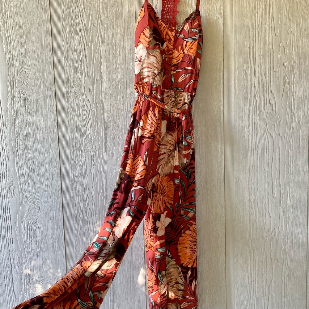 Tropical Jumpsuit with Crochet Racerback